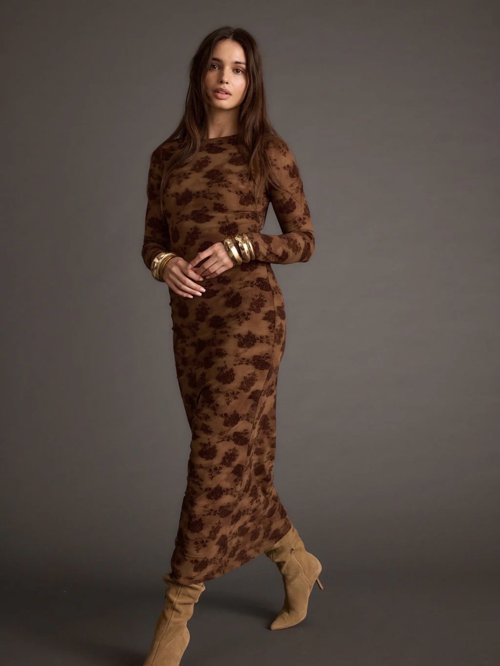 12th Tribe Brown Floral Long-Sleeve Maxi Dress - Picture 2 of 4